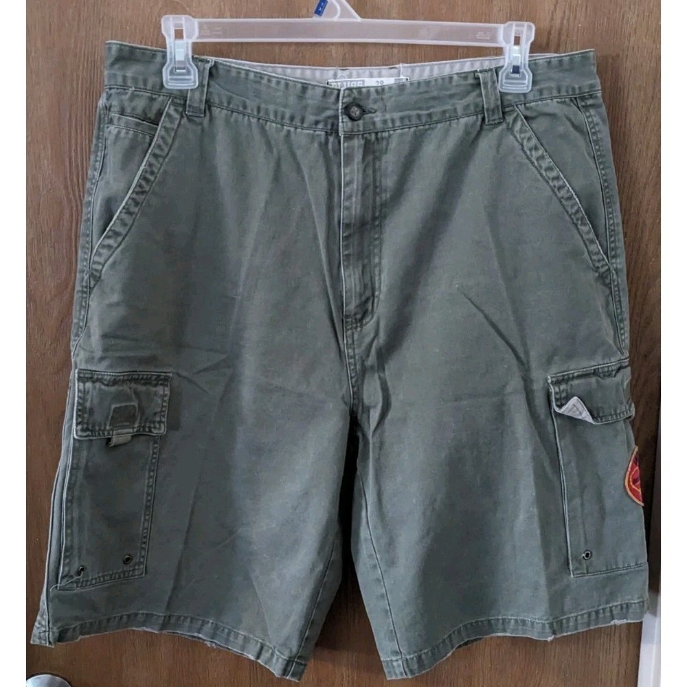Y2K Style Plugg Men's Cargo Shorts Sz 38 Stylized Patches Militaria Olive Green